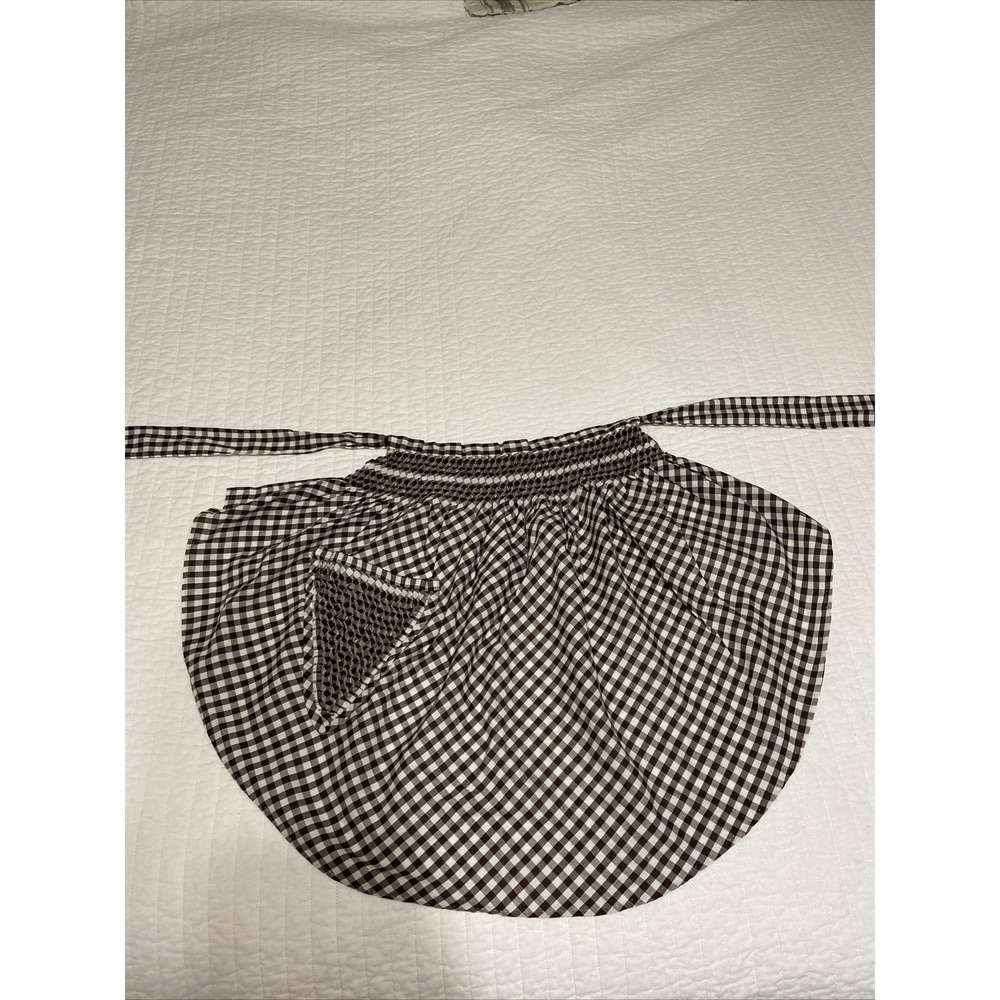 Vintage Brown White Gingham Smocked Apron Pocket Size Small-Medium Handmade